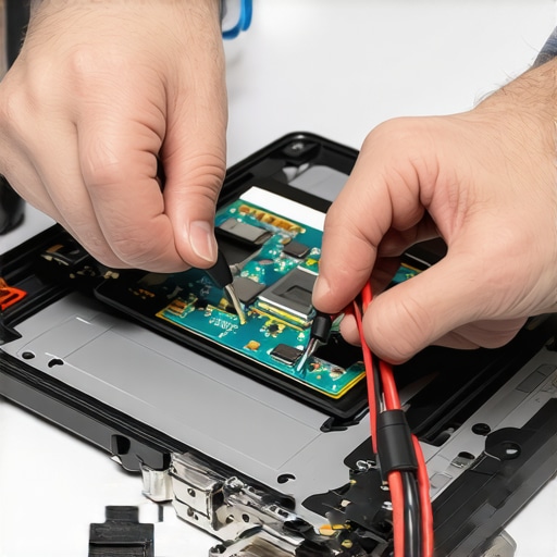 Close up of a technician checking a damaged ribbon cable in a laptop hinge to diagnose screen flickering