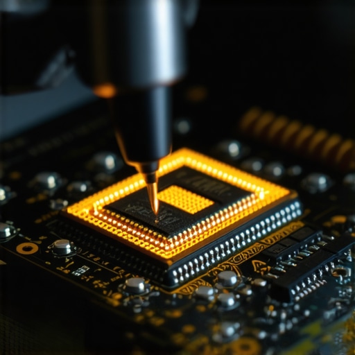 Close up of a technician testing the power sequence on a computer motherboard with a probe.