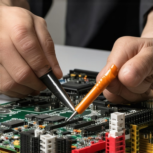 A technician checking power supply voltage on a computer motherboard to troubleshoot beep codes.