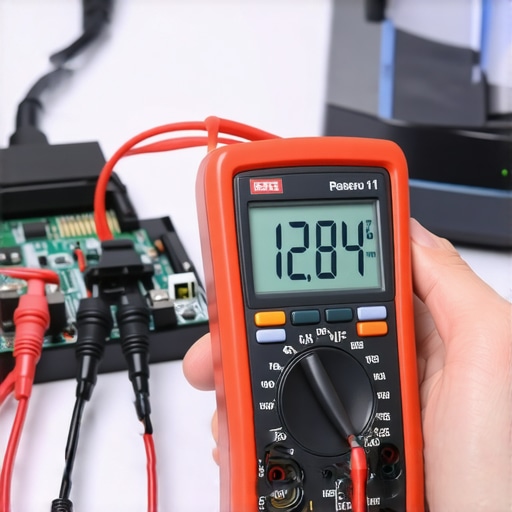 Technician checking voltage of a computer power supply using a digital multimeter to prevent hardware failure