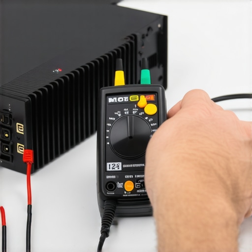 A technician measuring the voltage output of a PC power supply using a digital multimeter.
