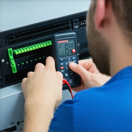 Close up of a technician testing server power supply voltage with a multimeter