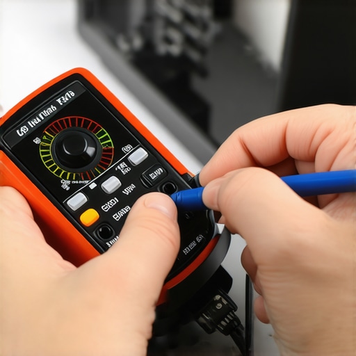 A digital inline USB safety tester displaying voltage readings while plugged into a computer port.