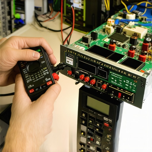 A technician checking voltage on a computer PSU to troubleshoot monitor flickering issues.