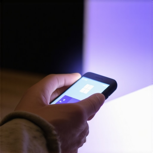 A person uses a smartphone flashlight to check for a broken backlight on a dim laptop screen.
