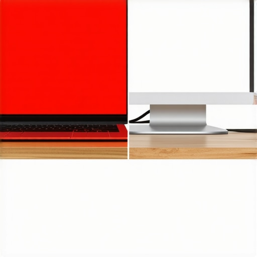 Comparison of red-tinted laptop screen and clear external monitor to diagnose hardware issues.
