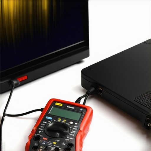 A technician checking a laptop power brick with a multimeter to diagnose screen flickering issues.