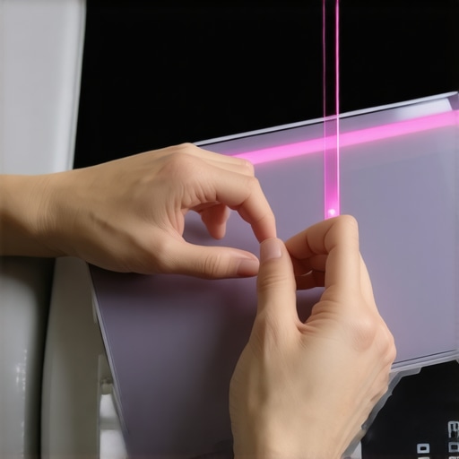 Close-up of hands applying pressure to a laptop screen bezel to fix vertical lines