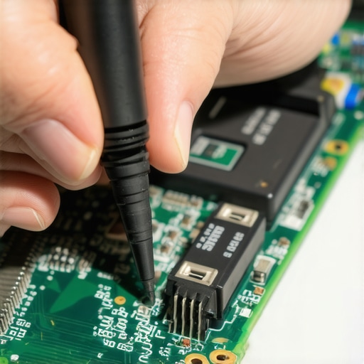 Technician testing 3.3V rails on a laptop motherboard display connector with a multimeter.