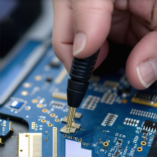 Close-up of a technician using a multimeter to diagnose laptop screen flicker issues.