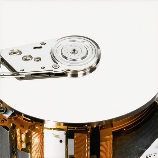Internal view of a mechanical hard drive platter and head