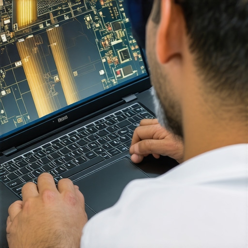 A technician uses a thermal camera to diagnose overheating parts on a laptop motherboard.