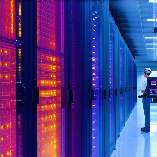 Thermal Stress During Data Recovery Professional server rack showing thermal heat signatures during a massive data restoration process.