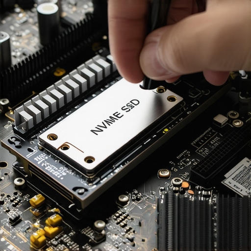 Professional installation of a high-speed NVMe SSD onto a computer motherboard for performance scaling.