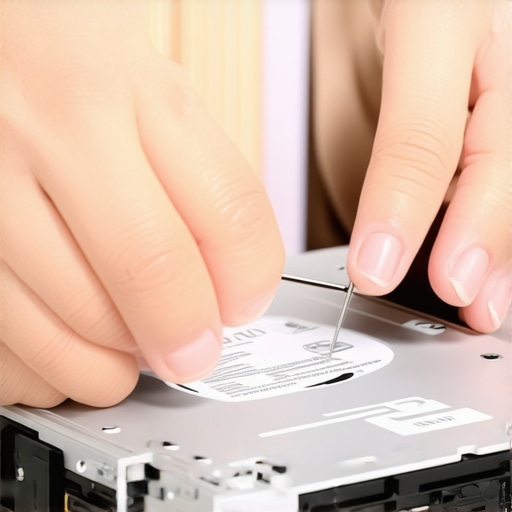 Close-up of a laptop optical drive being manually ejected with a needle.