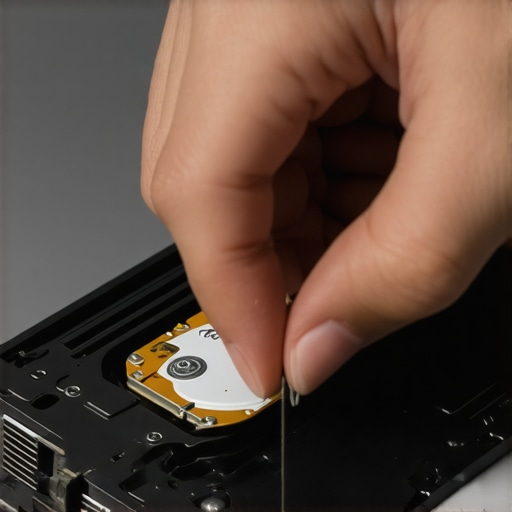 Close-up of a needle being inserted into a laptop disc drive pinhole to manually eject the tray