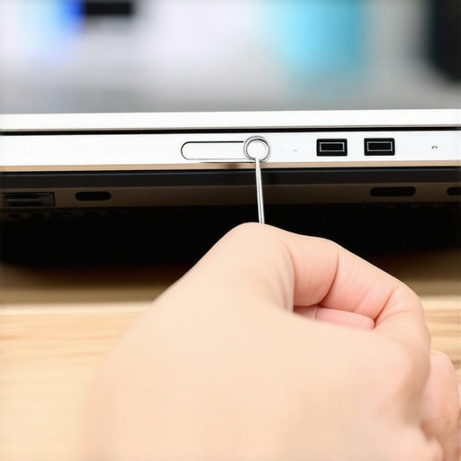 Close-up of a paperclip being used to manually open a stuck laptop DVD tray.