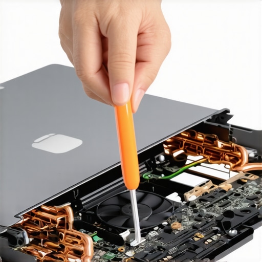 Using a spudger to open a laptop for cleaning A person carefully prying open a laptop case with a plastic tool to access the internal cooling fan.