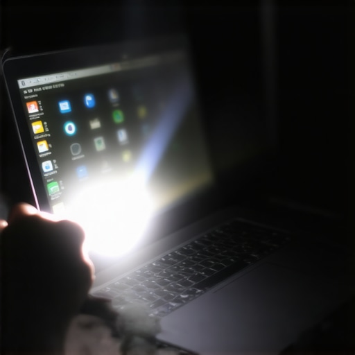 Using the Flashlight Test to Diagnose Laptop Backlight Failure Close-up of a flashlight beam illuminating a dark laptop screen to check for internal image visibility.