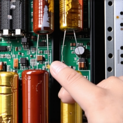 A close-up of a damaged motherboard with leaking capacitors and dust build-up.
