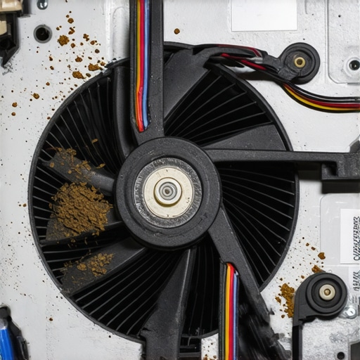 Close-up of a damaged mechanical laptop fan bearing showing friction wear.